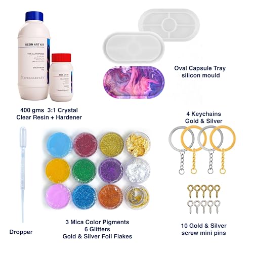 Image of 400g DIY Epoxy Resin Art Materials Kit for Making Oval Capsule Tray with Silicone Mould, 6 Glitters, Gold & Silver Flakes & 3 MICA Color Pigments for Beginners (3:1 Raisin to Hardener)