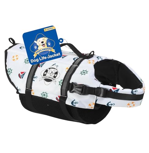 Dog Life Jacket — Premium Swim Vest with SafeChin Anti-Choke Collar | PAWS Aboard Nautical Dog | RapidLift Rescue Handle, D-Ring, Reflective Trim | Boating, Kayaking, Pool | X-Small (6–15 lbs)