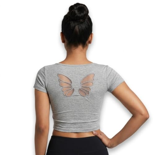 Image of ICW Women's Streetwear Round Neck Butterfly Cutout Back Short-Sleeve Padded Crop Top T-Shirt Dn249