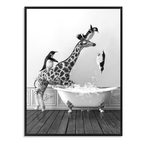 Dazzlewall Funny Bathroom Wall Art Giraffe and Penguins Jump in Bathtub Print, Black and White Animal Picture for Bathroom Toilet Decor 12×16 in Unframed - Cosy Home Interiors Dazzlewall Funny Bathroom Wall Art Giraffe and Penguins Jump in Bathtub Print, Black and White Animal Picture for Bathroom Toilet Decor 12×16 in Unframed