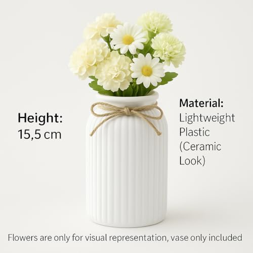 Image of Plastic Ribbed Decorative Vase with Jute Rope Top | Ceramic Look, Unbreakable Flower Pot for Centre Table, Balcony & Living Room Decor | Only Vase (No Flower) (White)