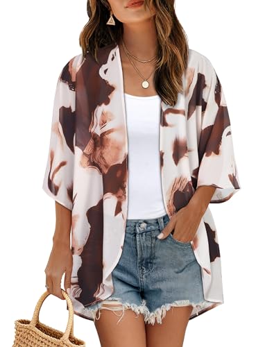 Image of Women's Floral Print Puff Sleeve Kimono Cardigan Loose Cover Up Casual Blouse Tops 2026