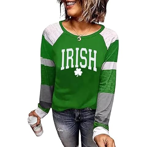 St. Patrick's Day Tshirt Women Lucky Clover Print Irish Shirt Splicing Long Sleeve Raglan Tees Baseball Tops(Green,M) Cover