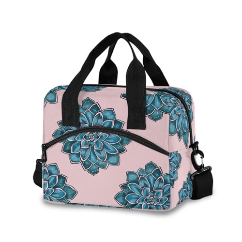 Sinestour Insulated Lunch Bag Reusable Cooler Pink Succulent Plant Lunch Box Adjustable Shoulder Strap for School Men Women