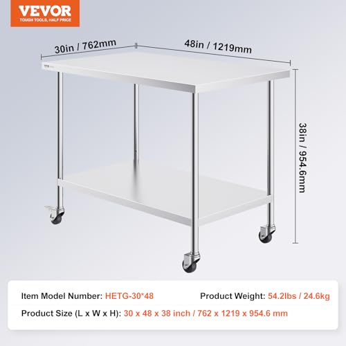 Image of VEVOR Stainless Steel Work Table 30 x 48 x 38 Inch, with 4 Wheels, 3 Adjustable Height Levels, Heavy Duty Food Prep Worktable for Commercial Kitchen Restaurant, Silver
