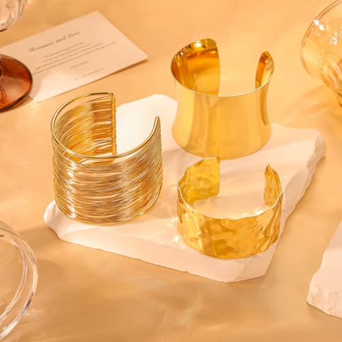 image for Abiotp 3PCS Gold Chunky Cuff Bracelets for Women Irregular Minimalist 