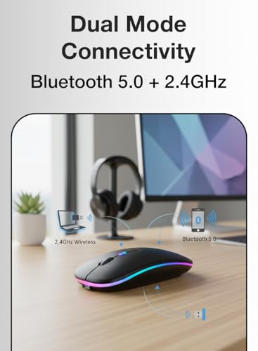 Image of Glassology 2.4GHz Wireless + Bluetooth Mouse, Multi-Device Dual Mode Slim Rechargeable Silent Click Buttons Wireless BT Mouse, Adjustable DPI 800-1200-1600 (Black)