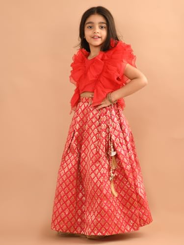 Image of Lilpicks Ruffle Sleeveless Blouse with Brocade Flared Lehenga Set for Girls (Pink)