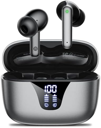 Wireless Earbuds Bluetooth Headphones, 50H Playtime Ear Buds with Mic, LED Digital Display Charging Case, IPX7 Waterproof, Deep Bass Stereo, in-Ear Earphone for iPhone Andriod Phone - Steel