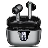 Nequga Wireless Earbuds Bluetooth Headphones, 50H Playtime Ear Buds with Mic, LED Digital Display Charging Case, IPX7 Waterproof, Deep Bass Stereo, in-Ear Earphone for iPhone Andriod Phone - Steel