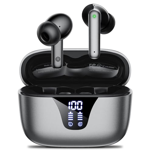 Nequga Wireless Earbuds Bluetooth Headphones, 50H Playtime Ear Buds with Mic, LED Digital Display Charging Case, IPX7 Waterproof, Deep Bass Stereo, in-Ear Earphone for iPhone Andriod Phone - Steel