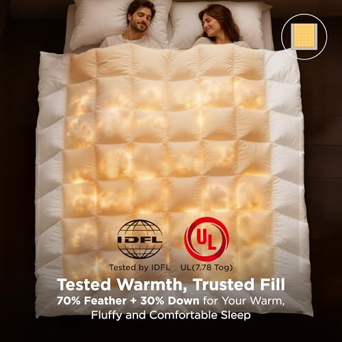 Image of Bedsure PureWoven Feather Down Comforter King Size, All Season Duvet Insert | Downpass Certified, Hotel Luxury Comforter, 8 Corner Tabs & Storage Bag, Soft Cotton Blend, 106x90 Inches, Medium Weight