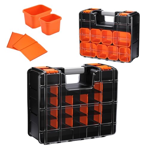Image of Mayouko Double Side Tool Box with Transparent Lid, 8 Movable Small Trays & Removable Dividers, Multi-Function Small Parts Organizer, for Hardware, Screws, Bricks, Nails, Jewelry and Fishing Tackle