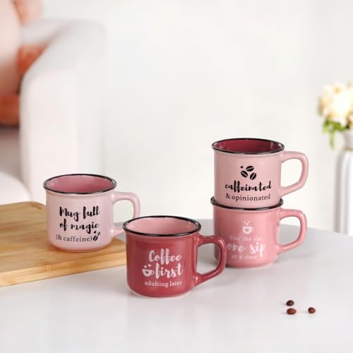 Image of Nestasia Ceramic Stackable Cups Set of 4 (170ml Each) - Quirky Quotes Tea & Coffee Cups with Glossy Finish | Microwave & Dishwasher Safe Mugs - Ideal for Gifting (Pink)