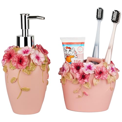 Vintage Bathroom Accessories Set with Flower Decor - Resin -Lotion Hand Soap Dispenser and Toothbrush Holder, 2pcs Pink Bathroom Accessory Set