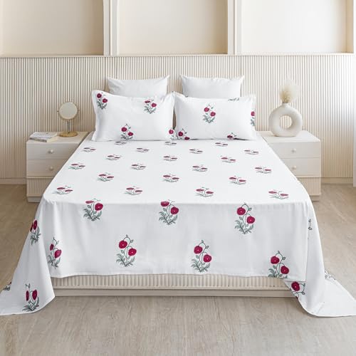 Image of HOMEMONDE Premium Cotton King Size Bedsheet 108 x 108 Inch, 210 TC Floral Printed Flat Sheet with 2 Pillow Covers, Red Rose, Luxury Gift Box Included | Perfect for Home Decor & Gifting