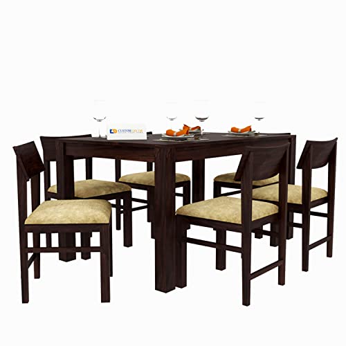 Image of Custom Decor Sheesham Solid Wood Six Seater Dining Table with Six Chairs with Beige Cushion for Dining Room & Restaurant | Finish - Warm Chestnut