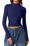 QINSEN High Neck Basic Crop Top for Womens Long Sleeve Slim Fit Bodycon Stretch Tee Shirts Navy S