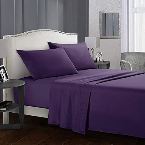 Lanqinglv Plain Bedding 4 Piece Bed Sheet Set Double (Fitted Sheet + Flat Sheet + Pair of Pillowcases) Ultra Soft Brushed Microfiber,Purple Cover