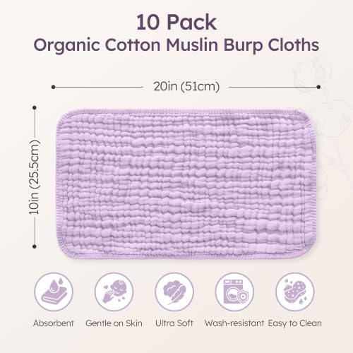 Image of Yoofoss Muslin Burp Cloths for Baby 10 Pack 100% Organic Cotton Baby Washcloths for Boys Girls Large 20''X10'' Super Soft and Absorbent Apricot,Lavender