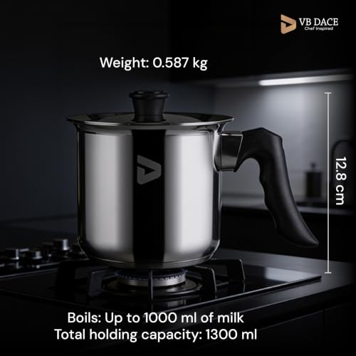 Image of VB DACE Stainless Steel Milk Pot with Lid, 1300 ml Total Capacity, Sandwich Bottom, Heavy-Gauge Stainless Steel, Induction & Gas Stove Compatible, Ergonomic Heat-Resistant Handle
