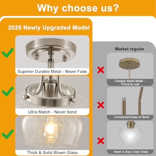Image of Modern Pendant Lights Kitchen Island, Brushed Nickel Pendant Light Fixtures with 10 inch Clear Crack Glass Shade, Industrial Hanging Pendant Lights Fixture for Kitchen Island Dining Room Entryway