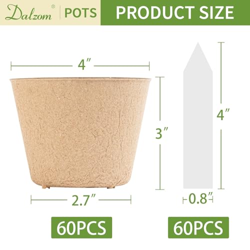 Dalzom® 60Pcs 4” Peat Pots with 60Pcs Plant Labels, Biodegradable Pots for Seedlings with Drainage Holes, Garden Plant Nursery Pots Seed Starting Trays