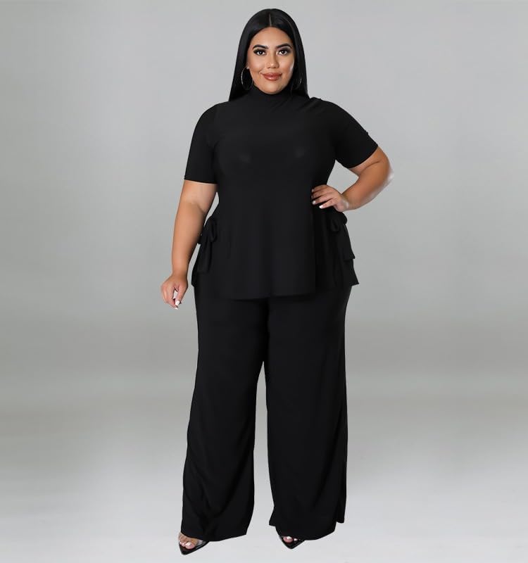 Wide Leg 2 Piece Outfits for Women Sweatsuit Sexy Short Sleeve Split Shirt Pant Set Casual Tracksuits - Image 2