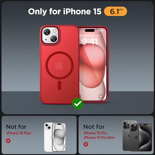 Image of Miracase Magnetic for iPhone 15 Case (Compatible with MagSafe)(with 2X Screen Protectors) Military-Grade Protection, Anti-Fingerprint Translucent Matte Phone Cover for iPhone 15 6.1 inch, Red