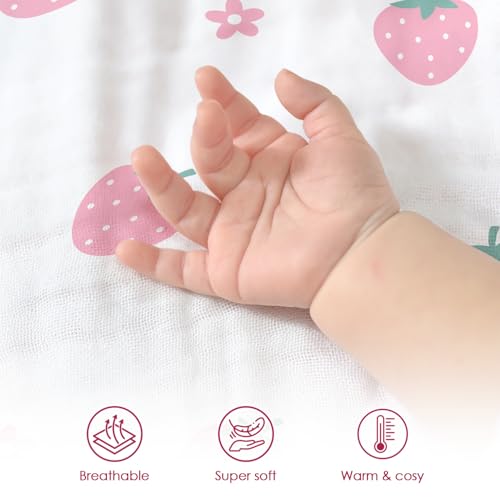 Image of Strawberry Baby Blankets for Girls, Soft Nursery Minky Blankets with Muslin and Dotted Fleece Back 30x40 inches, Receiving Bed Quilt for Newborn, Infants, Toddlers