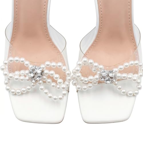 Image of Yolkomo Women's Square Toe Clear Heels Sexy Rhinestone Bow Heels Open Toe Ankle Strap Stiletto High Heel Sandals