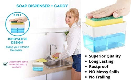 Soap Dispenser - Premium Quality Dish Soap Dispenser for Kitchen - Sponge Holder Sink Dish Washing Soap Dispenser 13 Ounces White