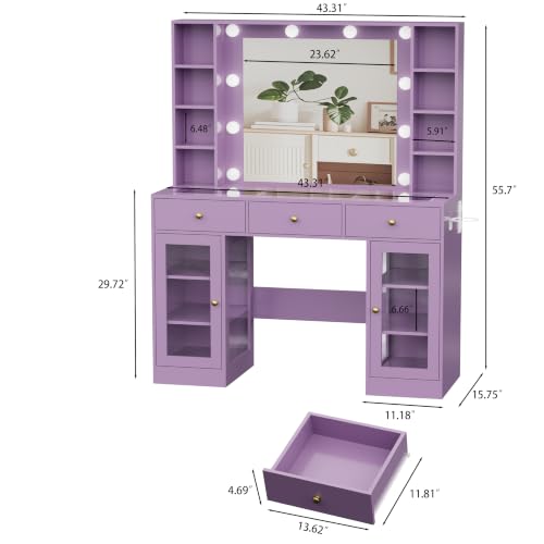 Image of HUANLEGO Purple Vanity Desk with Mirror and Lights, Glass Top Vanity with Lighted Mirror & RGB Glass Cabinet and 3 Drawers, Makeup Desk with Lights Dressing Table for Bedroom, 3 Color Modes