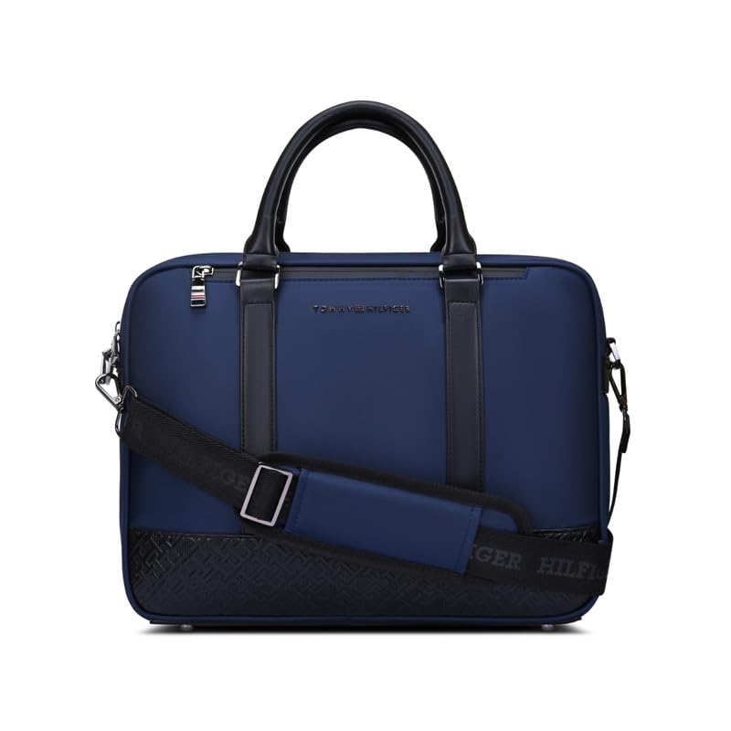 Unisex Business Case KOVA - Navy+Black | EVA-Laminated Briefcase with Leather Handles | Gunmetal Hardware | Messenger Bag with Trolley Holder | Organised Interior with Accessory Holder-image-46
