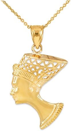 14K Gold Egyptian Queen Nefertiti Filigreed Bust Pendant Necklace - Choice of Chain Length & Gold Color
