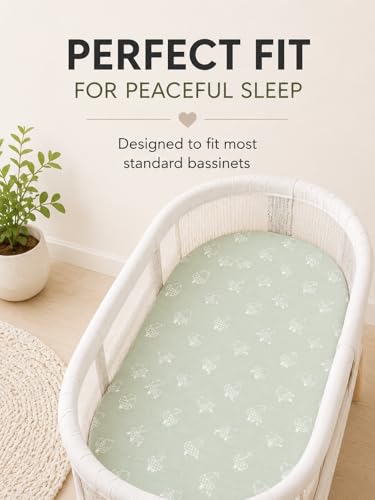 Image of 3-Pack Organic Jersey Cotton Bassinet Fitted Sheets - Fits 32 x 16 x 4 Inch Pads - Compatible with Halo, Snoo, Graco, Dream On Me, Delta - for Oval, Hourglass, and Rectangular Bassinet Mattresses