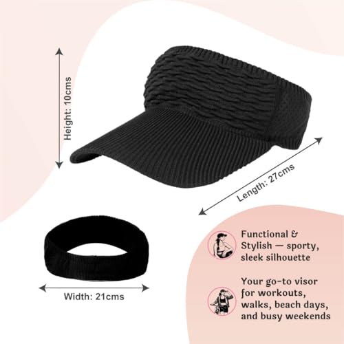 Image of Hair Drama Co. Ribbed Sun Shade Visor Cap for Women | Wide Brim Round Sun Hat for UV Protection | Summer Ribbed Beret Cap for Travelling Vacation | Visor Hat for Women & Girls