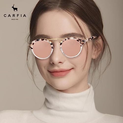 Carfia Small Pink Mirrored Polarized Sunglasses For Women Uv Protection, Acetate Eyewear Double Bridge Metal Brow Sunnies #TOP1