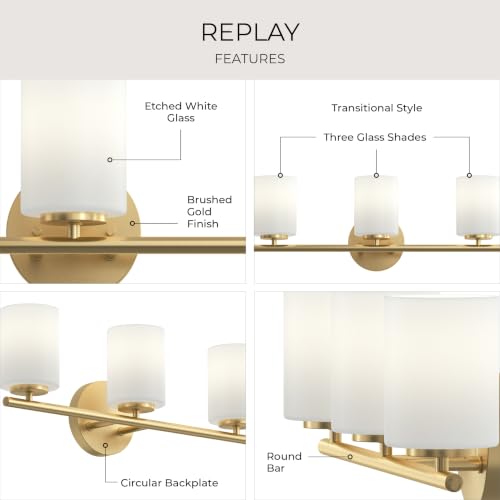 Image of Progress Lighting Replay 22 Inch 3-Light Vanity Light, Transitional, Brushed Gold with Etched Glass Shades, (7.875 inch H x 22 inch W x 6 inch D), P2159-191