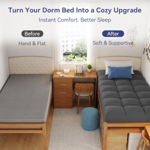 Image of ELEMUSE Twin XL Grey Mattress Topper for Dorm Bed, College Dorm Room Essentials for Girls&Guys, Soft Comfortable Bed Upgrade for Back to School, Apartment&Rental Use