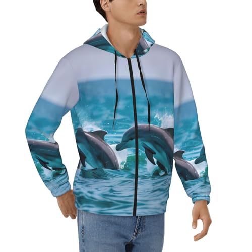 Sweat à capuche pour homme zippé cordon de serrage casual imprimé dauphins