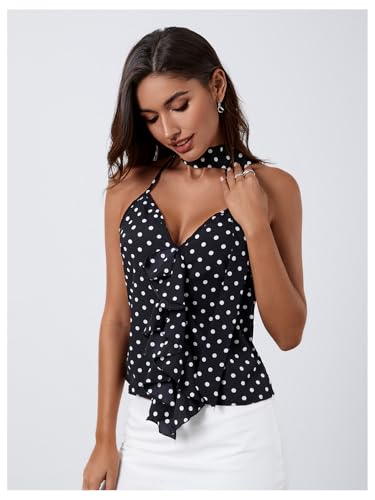 MakeMeChic Women's Polka Dots Halter Top Ruffle Backless Going Out Top with Scarf3