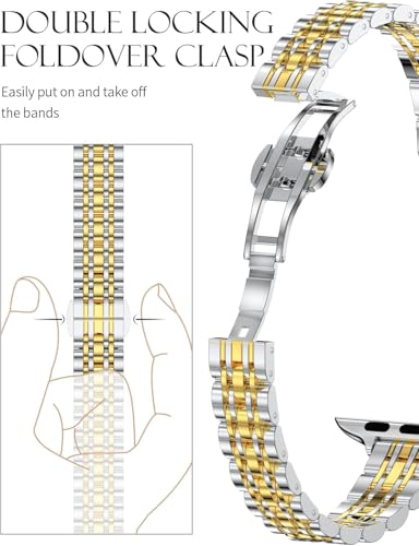 Image of Slim Metal Band Compatible with Apple Watch Straps 42mm [Series 10] 41mm 40mm 38mm, Stainless Steel Chain Strap for Women iWatch Straps Series 9 8 7 6 5 4 3 2 1 SE [WATCH NOT INCLUDED]