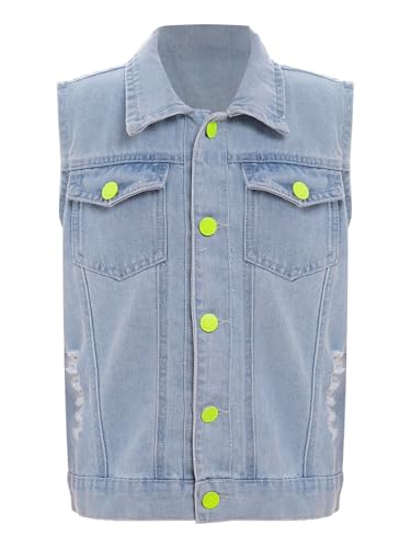 easyforever Kids Boys Ripped Denim Vest Turn-Down Collar Sleeveless Jean Jacket Waistcoat Tops Outerwear with Pockets