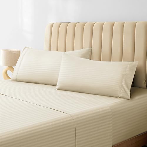 Image of LuxClub Striped Sheets, 3 PC Striped Bed Sheets Twin Size, Deep Pockets 18 inch Eco Friendly Wrinkle Free-Kids-Fitted Sheets Machine Washable Hotel Bedding (Twin, Cream)