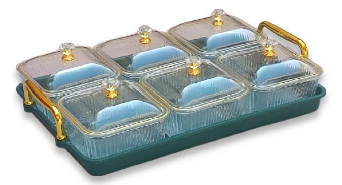 VJH -Plastic Tray with Glass Bowls and Lid Set of 6 Pc for