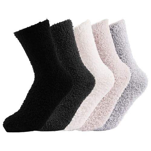 Hopton 5 Paar Kuschelsocken Damen 36-43, Dicke Warme Flauschige Socken, Weiche Bequeme Korallenfleece Mädchen Bettsocken für Herbst Winter Weihnachten (5 Farben)