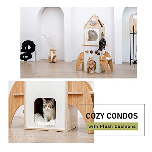 Pequlti 54 Inches Rocket Multi-Level Cat Tree Spaceship Modern Cat Tower With 3 Spacious Condos, 2 Fuzzy Replaceable Dangling Balls, Attic Perch And Detachable Mats #TOP3