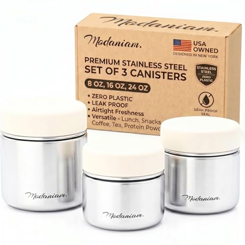 Modaniam Stainless Steel Lunch Containers, Food Jar Travel Containers, Snack Containers, Portable Metal Lunch Box For Yogurt, Oatmeal, Leak Proof, Vanilla - Set of 3 8OZ+16 OZ+ 24 OZ