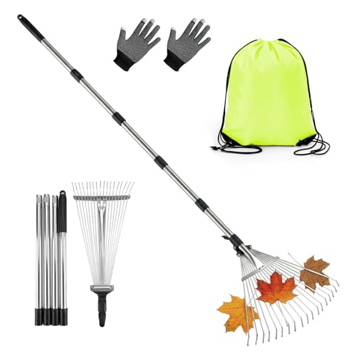 Spetsbst Laubbesen Edelstahl, 218cm Gartenrechen Verstellbar Rechen Garten mit Stiel, Laubrechen...
